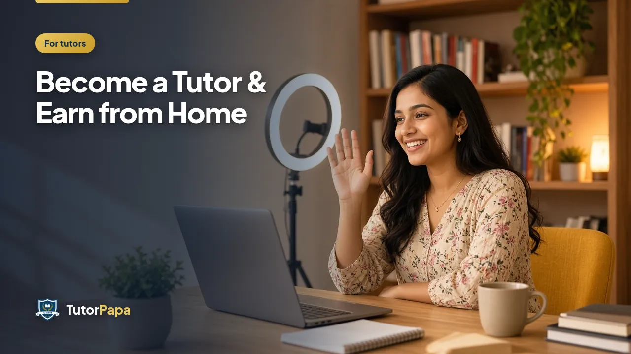 Young woman tutor waving at students on her laptop with a ring light and bookshelf — become a tutor.