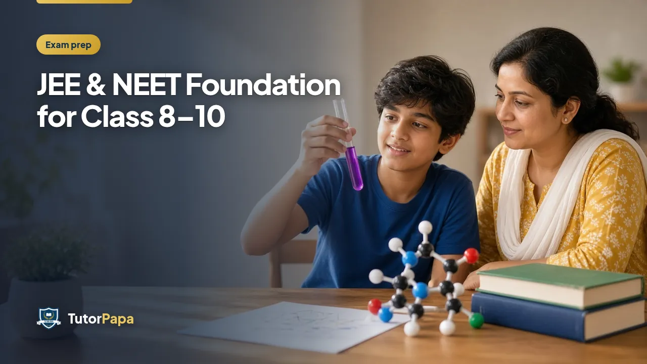 Teen boy holding a test tube beside a molecule model while a woman tutor watches — JEE NEET foundation.