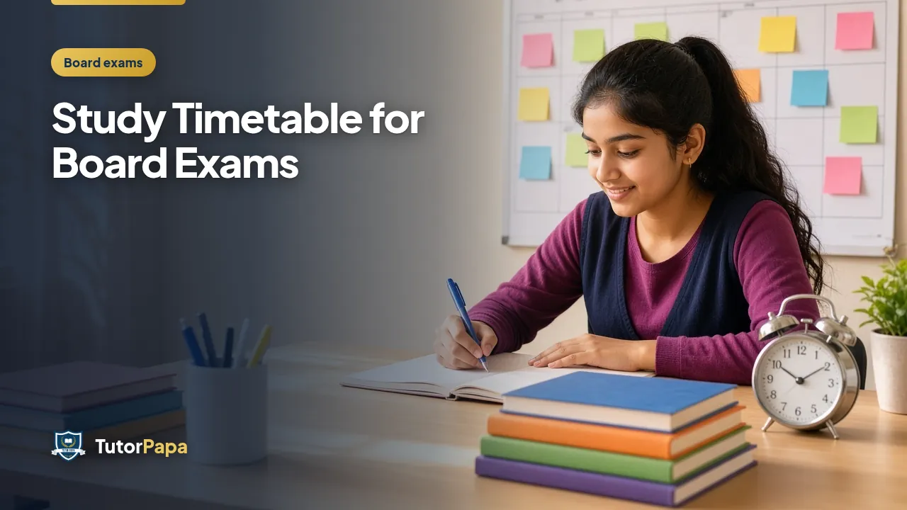 Teen girl writing her study timetable at a desk with sticky notes on a wall planner and an alarm clock.