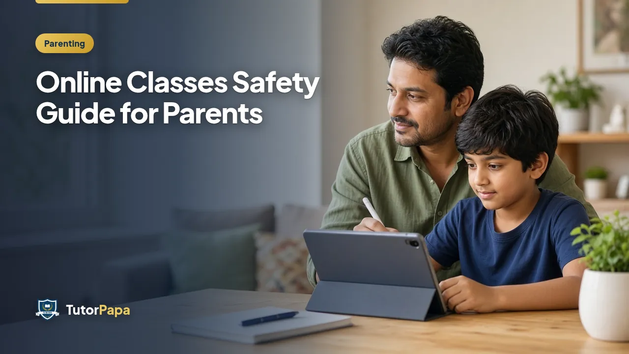 Father sitting beside his son attending an online class on a tablet — online classes safety for parents.