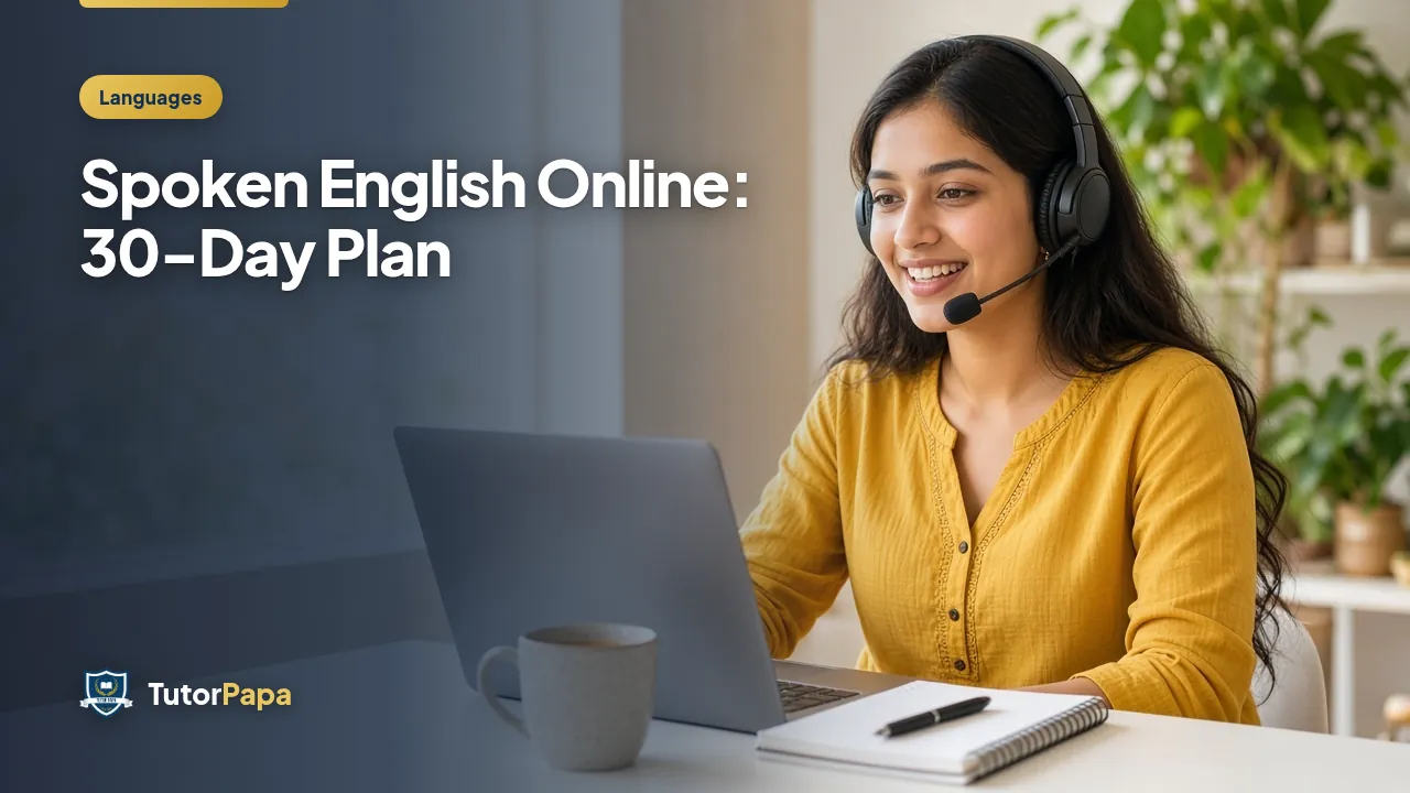 Smiling young woman in a yellow kurta with headset teaching spoken English online on a laptop.