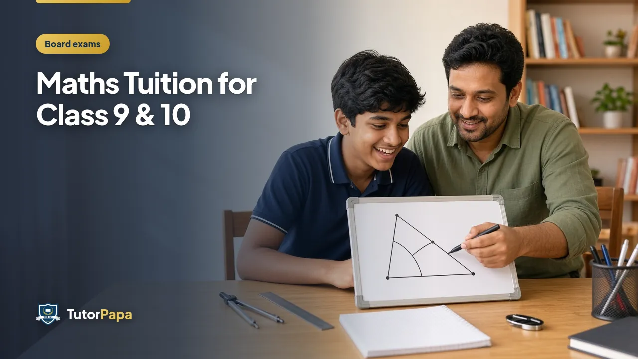 Male maths tutor showing a teen boy a triangle geometry problem on a whiteboard for Class 9–10 tuition.
